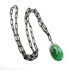 Jade Pendant Necklace 925 Sterling Silver Bold Chain Handmade Vintage 26" Long